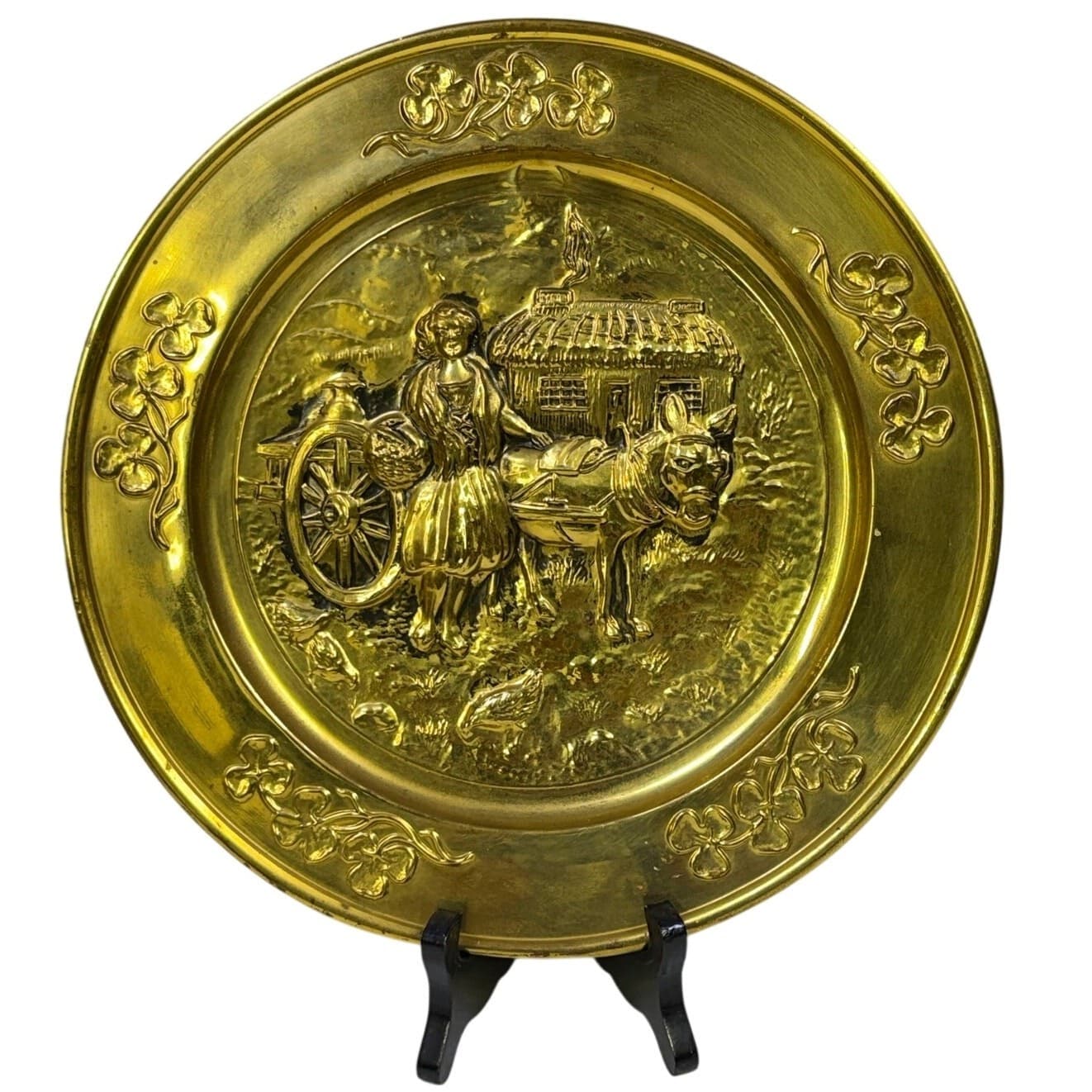 Vintage Brass Wall Plates Set of 2 Embossed European Peasant Scene Hanging Decor - Thumbnail 2