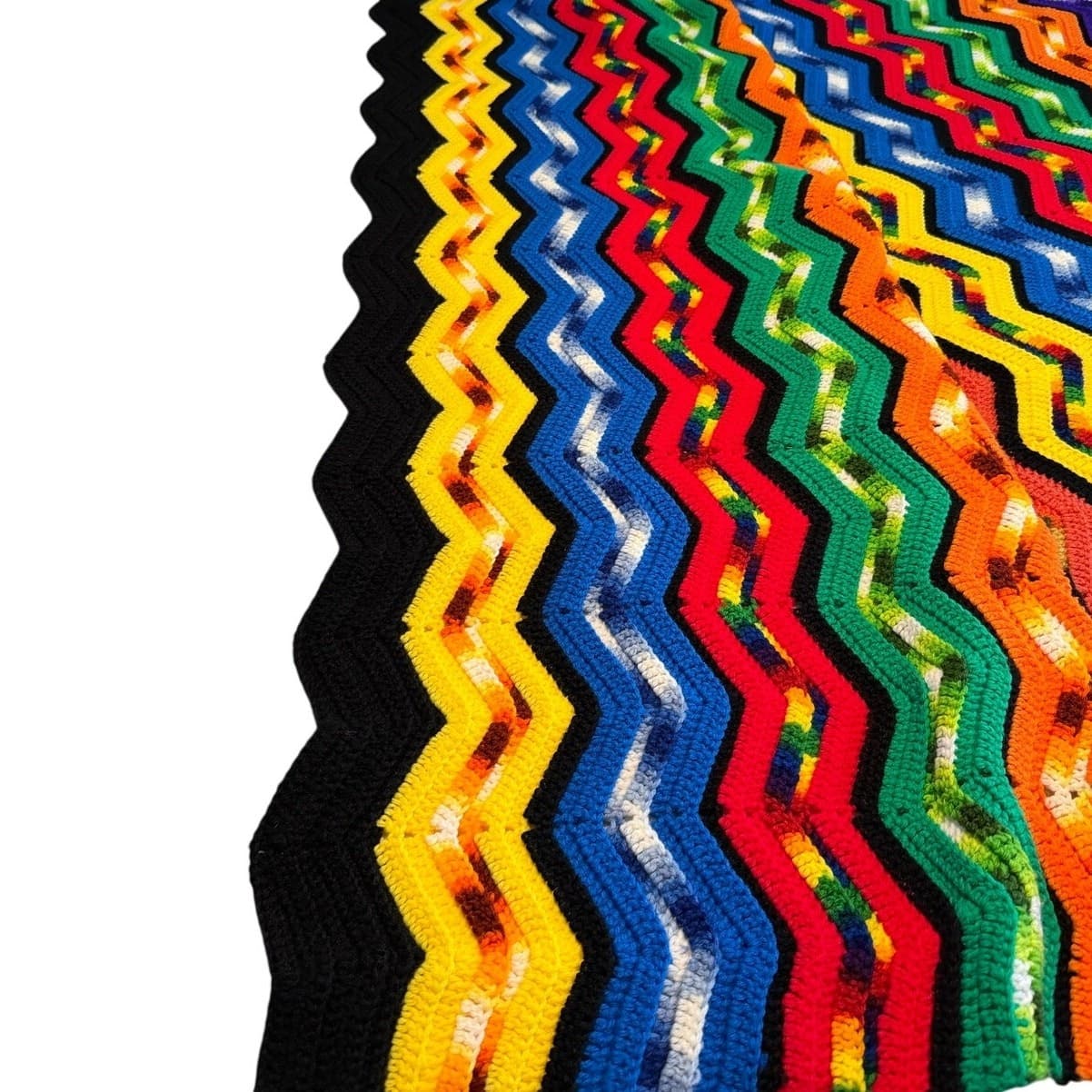 Handmade Crochet Vintage Afghan Blanket 72x72 Multicolor Chevron Zig Zag Throw - Thumbnail 4