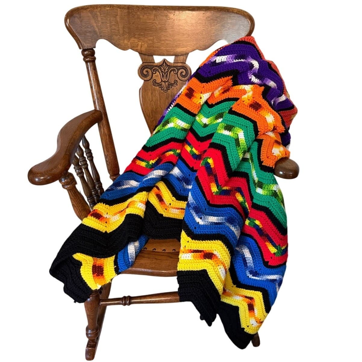 Handmade Crochet Vintage Afghan Blanket 72x72 Multicolor Chevron Zig Zag Throw