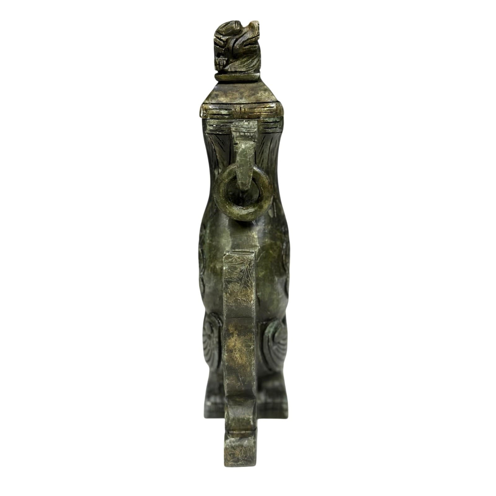 Spinach Jade Carved Mythical Beast Qing Dynasty Style Traditional Ritual Vessel - Thumbnail 4