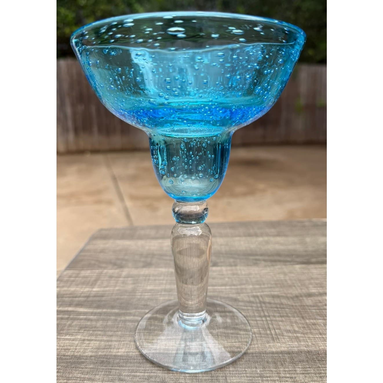 Hand Blown Aqua Blue Margarita Glasses Seeded Bubble Glass Clear Stem-Set of 4 - Thumbnail 2