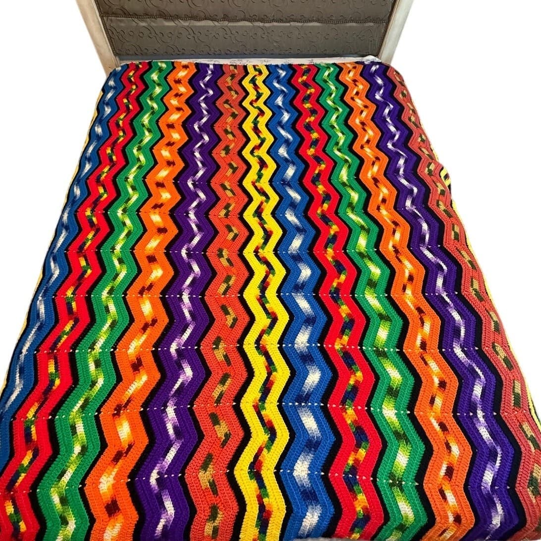 Handmade Crochet Vintage Afghan Blanket 72x72 Multicolor Chevron Zig Zag Throw - Thumbnail 3