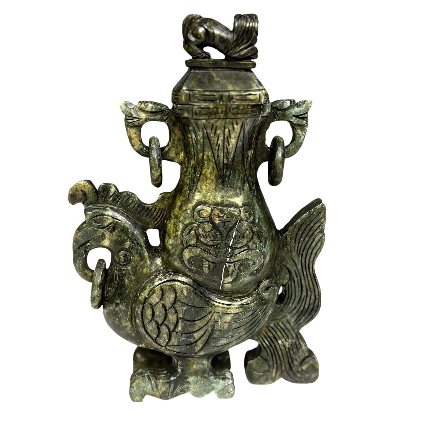 Spinach Jade Carved Mythical Beast Qing Dynasty Style Traditional Ritual Vessel - Thumbnail 3