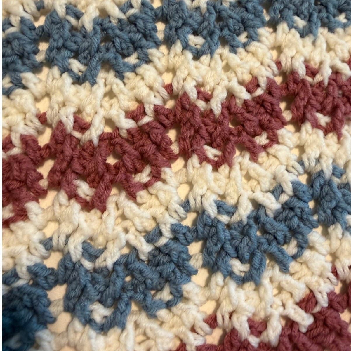 Crochet Afghan Blanket Handmade Cranberry Blue Cream Stripe 57x 60 Throw Fringe - Thumbnail 4