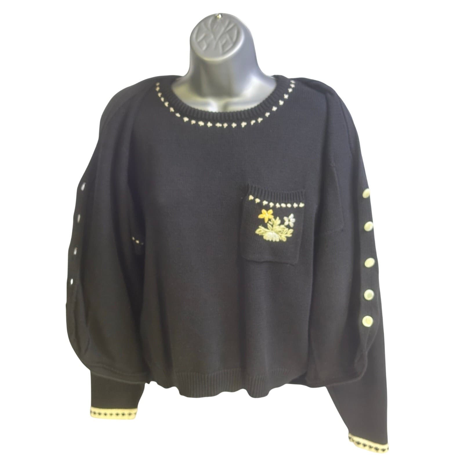 Cambridge Spirit Vintage 2-Piece Black Cotton Sweater Set Floral Accents-Medium - Thumbnail 3