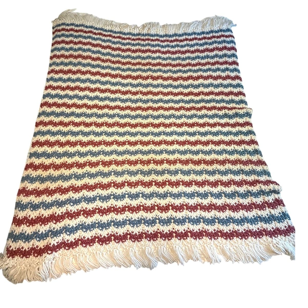 Crochet Afghan Blanket Handmade Cranberry Blue Cream Stripe 57x 60 Throw Fringe - Thumbnail 2