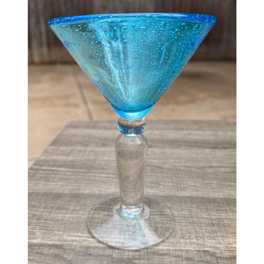 Hand Blown Aqua Blue Martini Glasses Seeded Bubble Glass Clear Stem-Set of 4 - Thumbnail 4