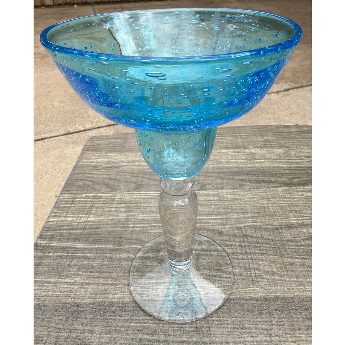 Hand Blown Aqua Blue Margarita Glasses Seeded Bubble Glass Clear Stem-Set of 4 - Thumbnail 6