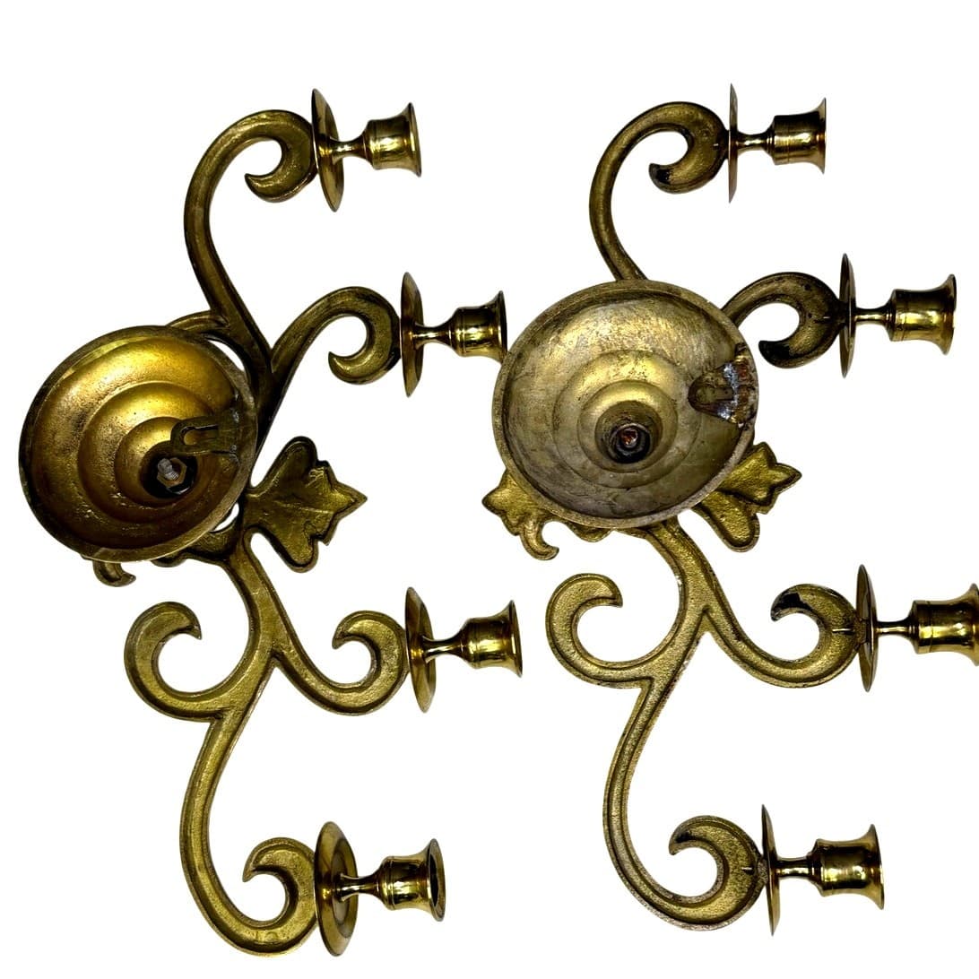 Brass 4 Candle 16" Wall Sconces Hollywood Regency Fleur de Lis-Set of 2 Vintage - Thumbnail 3