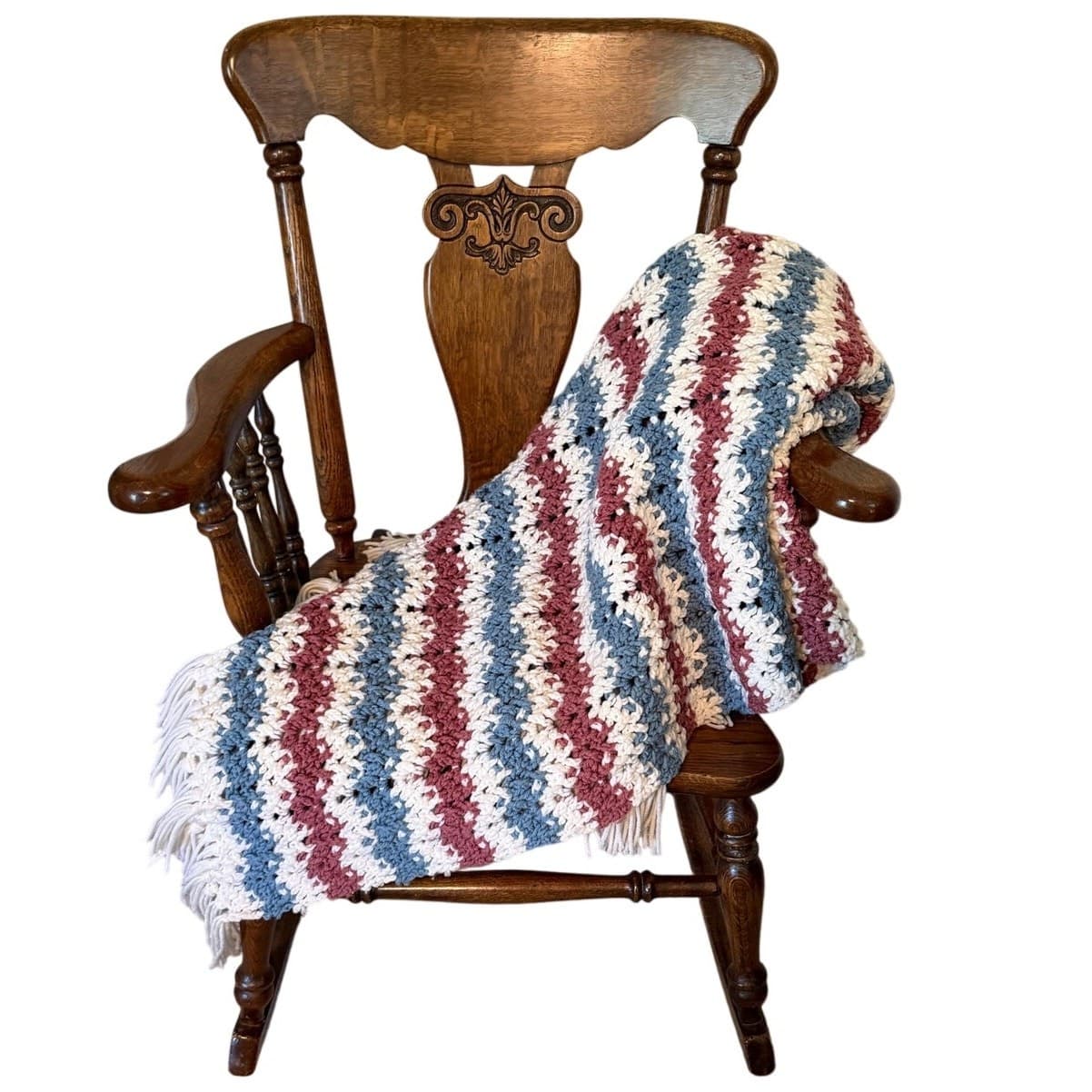 Crochet Afghan Blanket Handmade Cranberry Blue Cream Stripe 57x 60 Throw Fringe