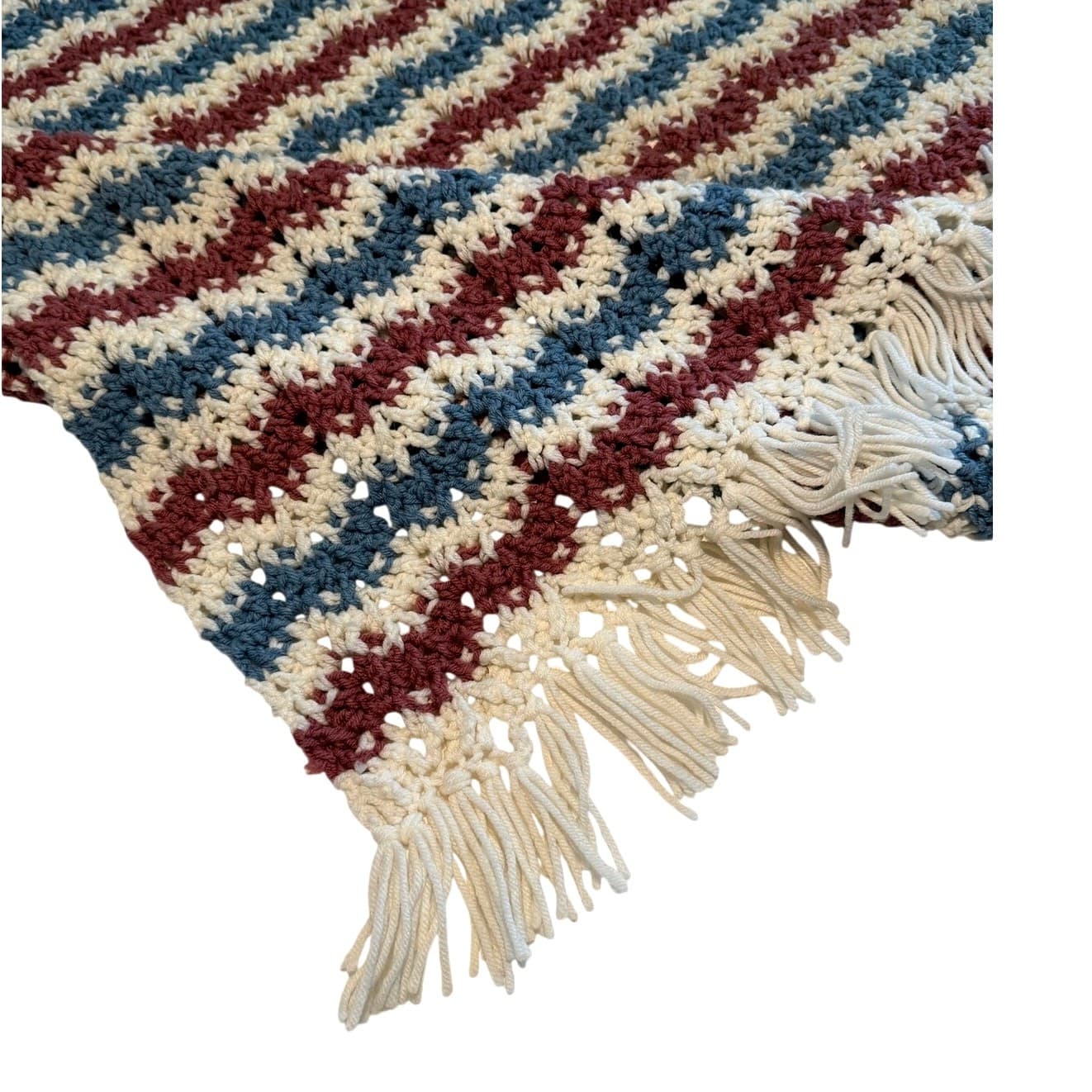 Crochet Afghan Blanket Handmade Cranberry Blue Cream Stripe 57x 60 Throw Fringe - Thumbnail 3