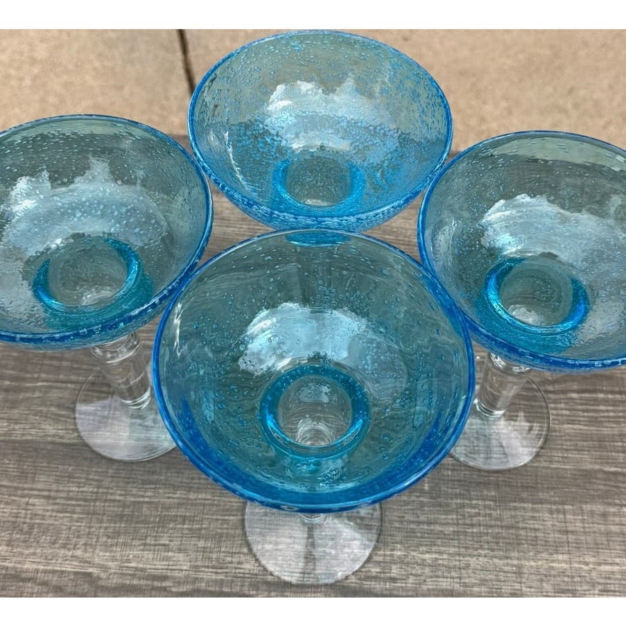 Hand Blown Aqua Blue Margarita Glasses Seeded Bubble Glass Clear Stem-Set of 4 - Thumbnail 7