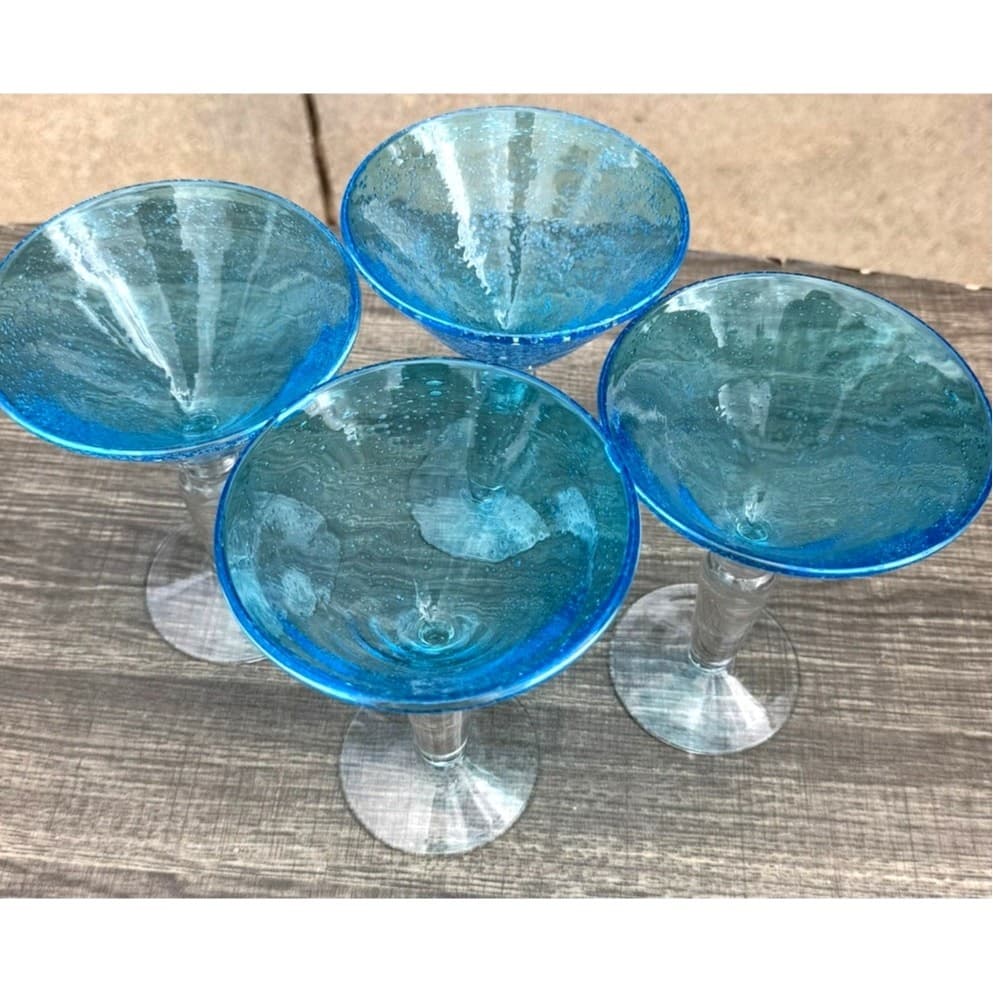 Hand Blown Aqua Blue Martini Glasses Seeded Bubble Glass Clear Stem-Set of 4 - Thumbnail 6