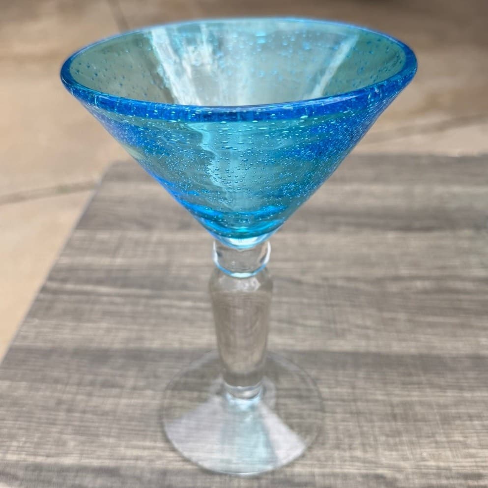 Hand Blown Aqua Blue Martini Glasses Seeded Bubble Glass Clear Stem-Set of 4 - Thumbnail 2