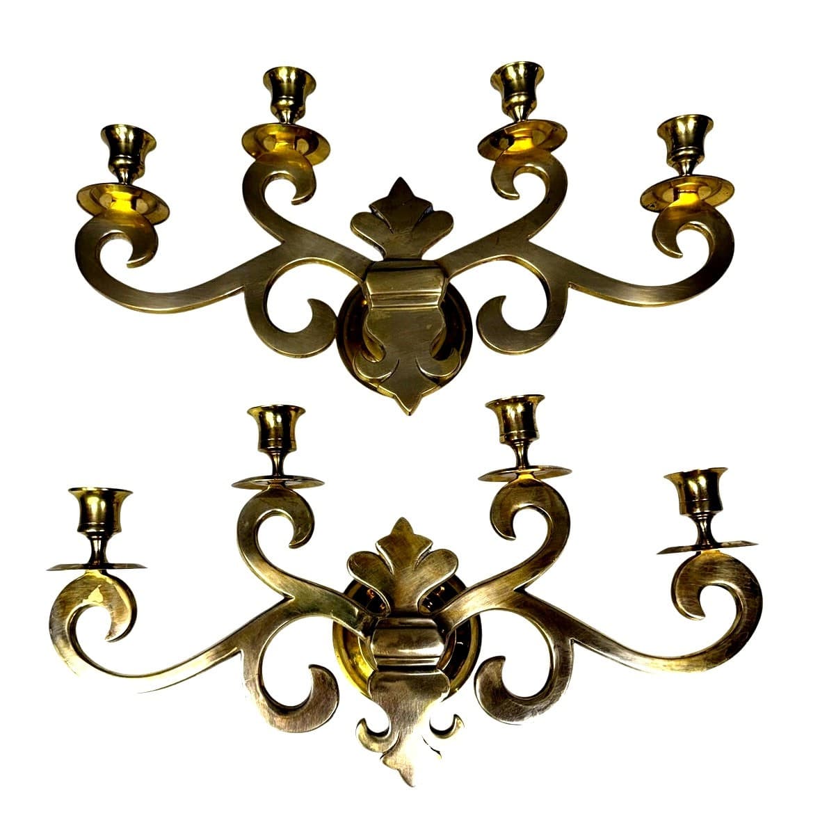 Brass 4 Candle 16" Wall Sconces Hollywood Regency Fleur de Lis-Set of 2 Vintage