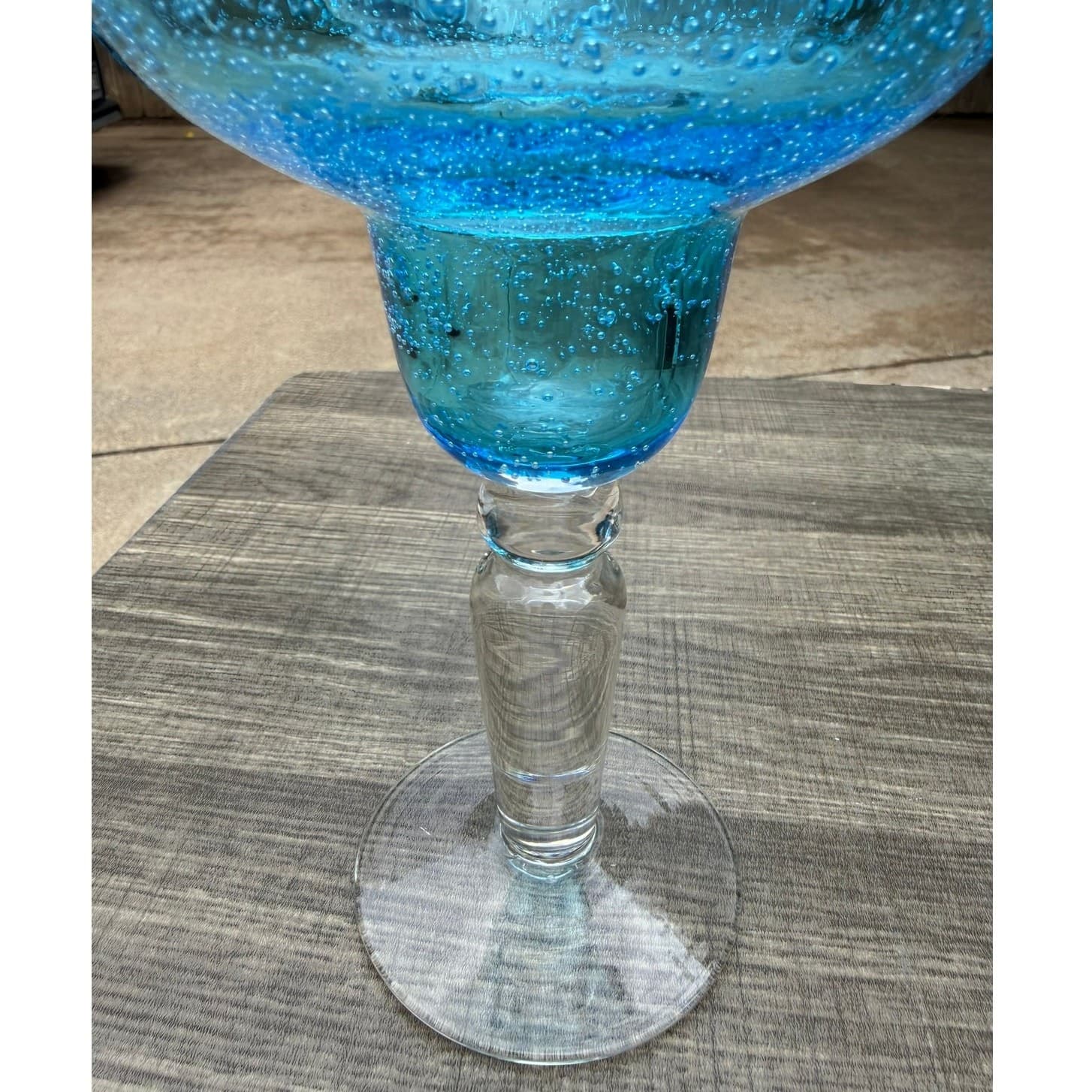 Hand Blown Aqua Blue Margarita Glasses Seeded Bubble Glass Clear Stem-Set of 4 - Thumbnail 8