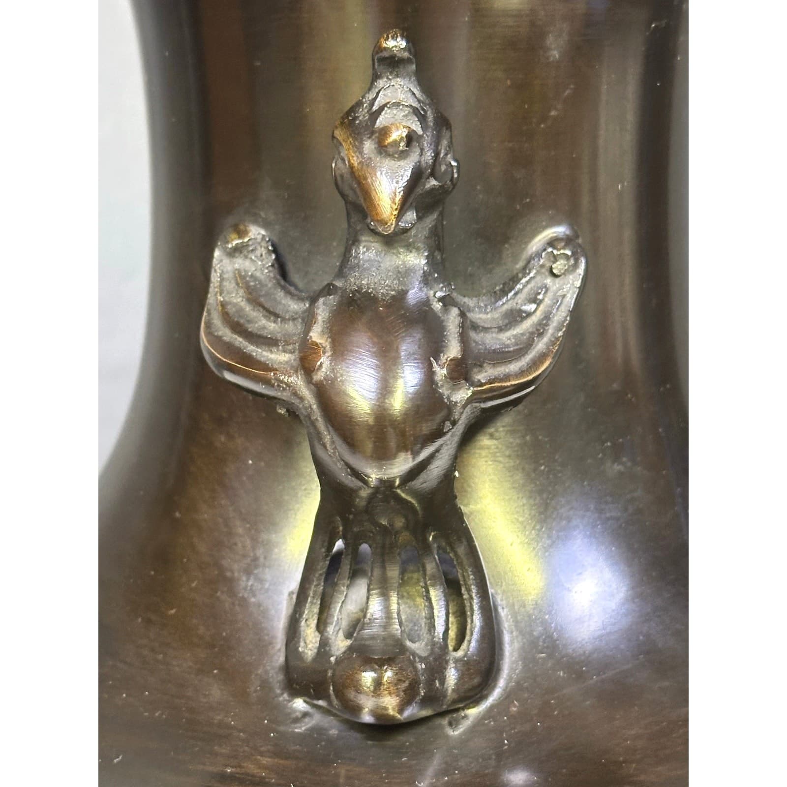 Stunning Bronze Japanese Double Handled Stylized Phoenix Bird 14.5" Urn/Vase - Thumbnail 5