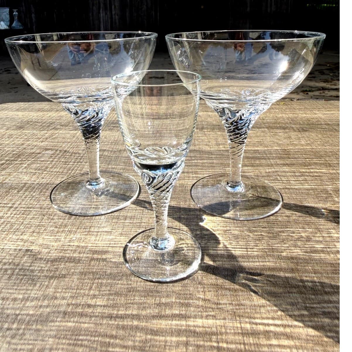 Clear Champagne(2)/Cordial(1) Swirl Base Stemware 4 5/8” Elegant Vintage Barware