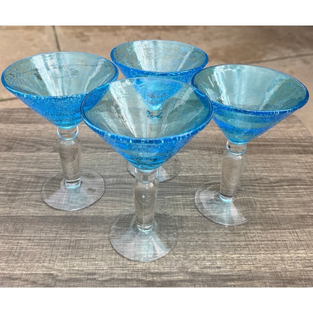 Hand Blown Aqua Blue Martini Glasses Seeded Bubble Glass Clear Stem-Set of 4 - Thumbnail 3