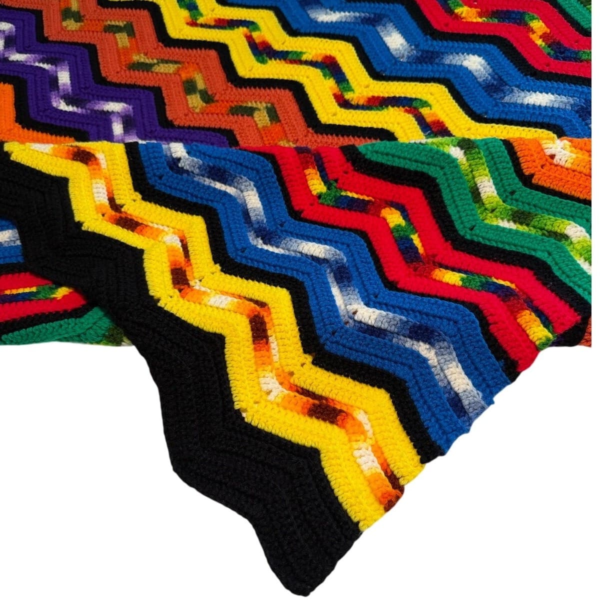 Handmade Crochet Vintage Afghan Blanket 72x72 Multicolor Chevron Zig Zag Throw - Thumbnail 2
