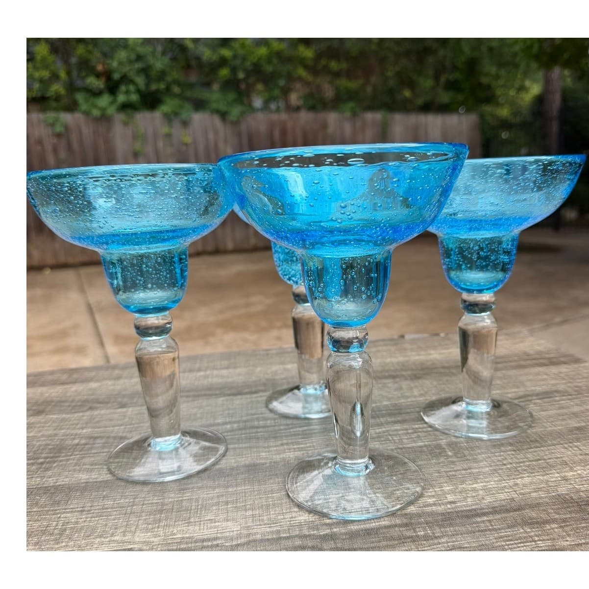 Hand Blown Aqua Blue Margarita Glasses Seeded Bubble Glass Clear Stem-Set of 4 - Thumbnail 5