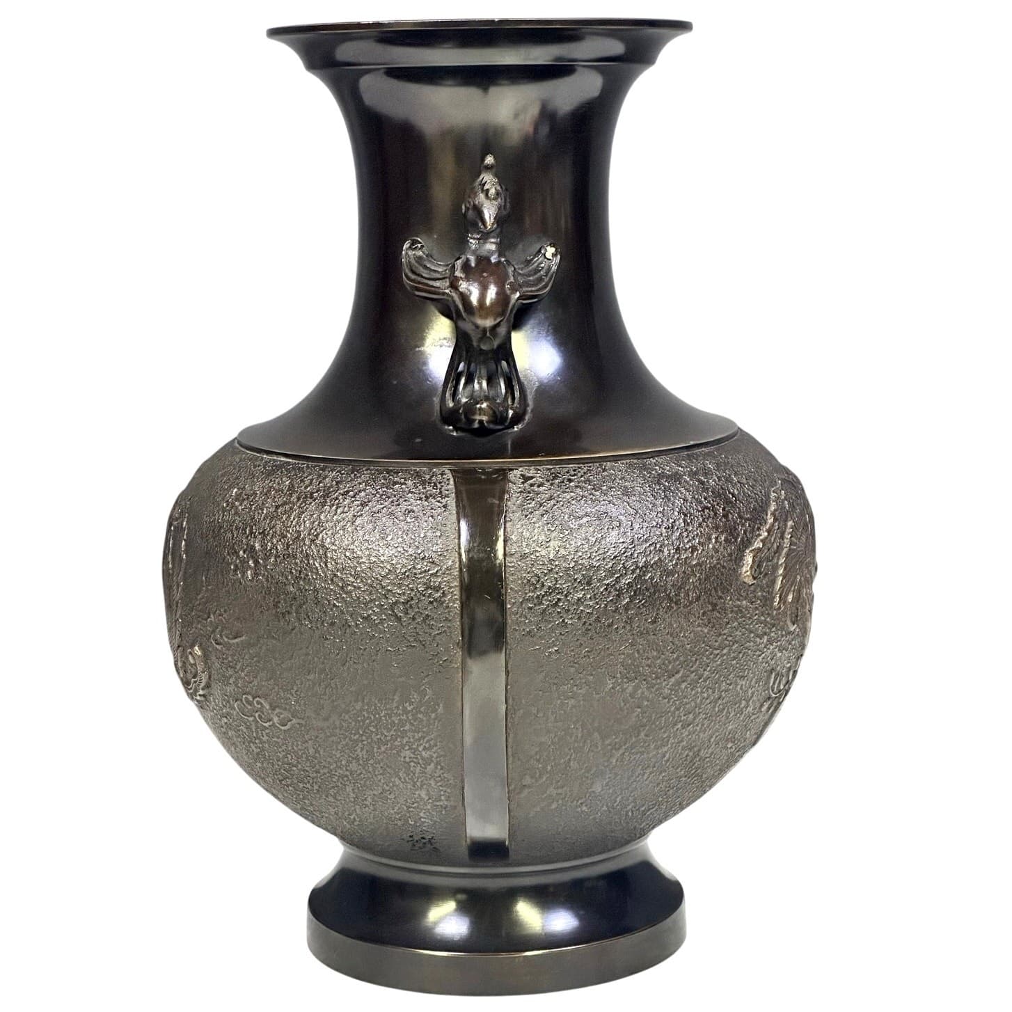 Stunning Bronze Japanese Double Handled Stylized Phoenix Bird 14.5" Urn/Vase - Thumbnail 4
