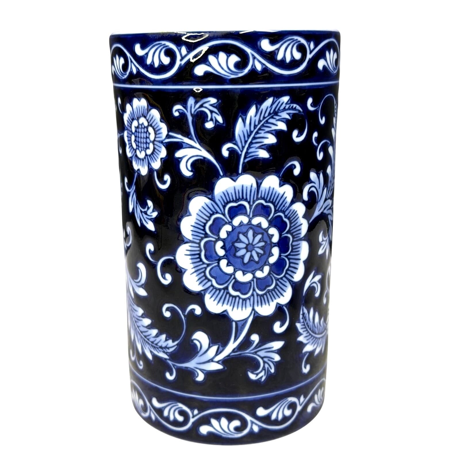 Pier 1 Mandarin Utensil Holder Crock Blue White Porcelain Kitchen Vase 6.25"