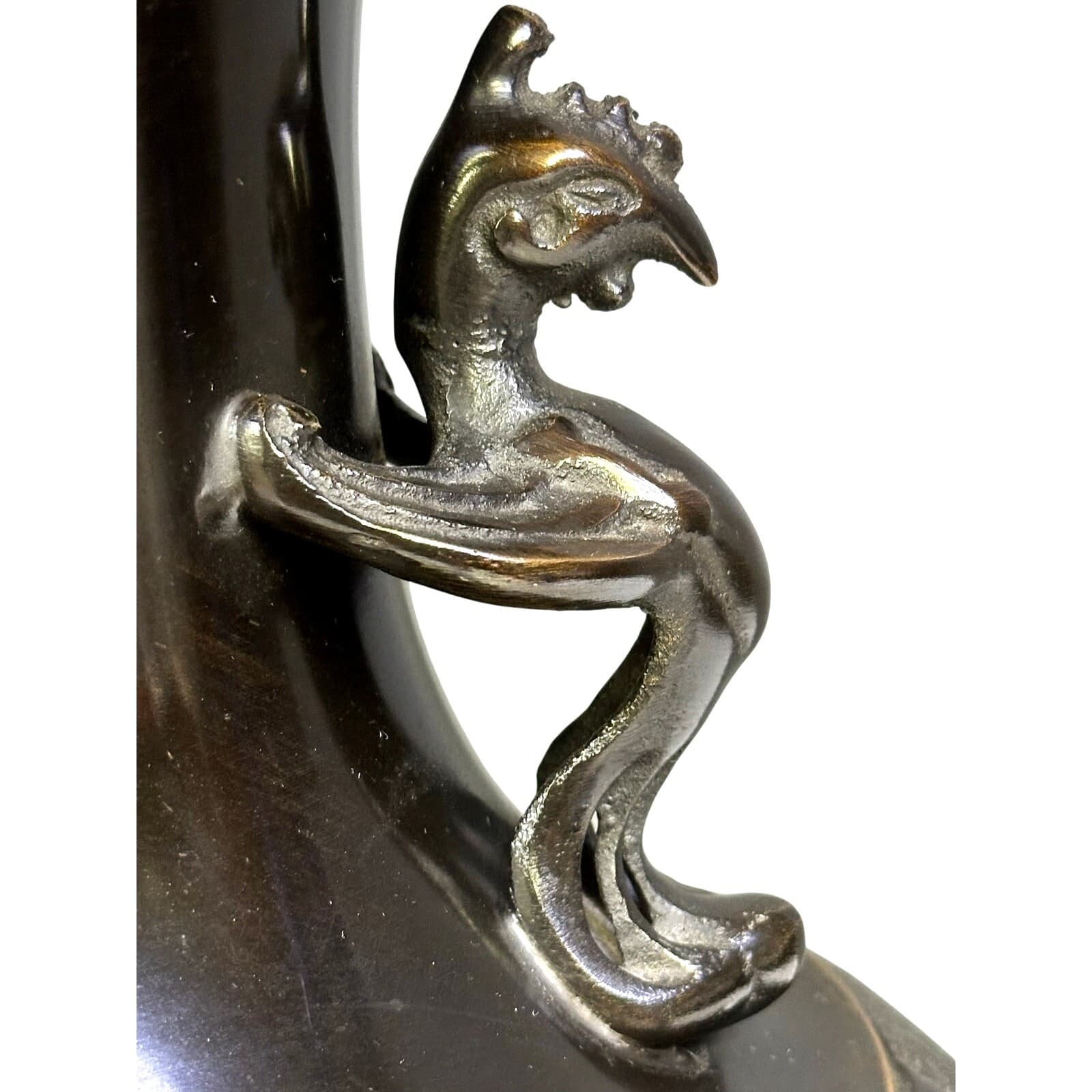 Stunning Bronze Japanese Double Handled Stylized Phoenix Bird 14.5" Urn/Vase - Thumbnail 3