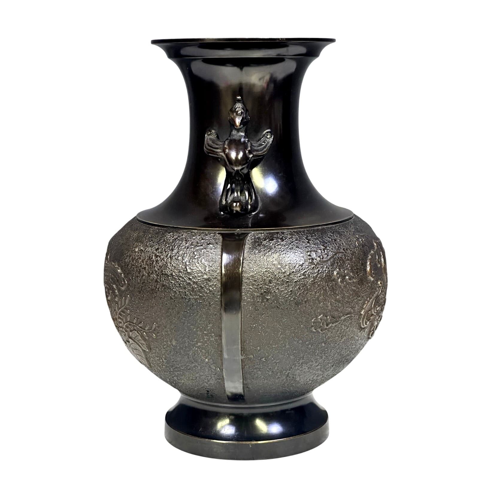 Stunning Bronze Japanese Double Handled Stylized Phoenix Bird 14.5" Urn/Vase - Thumbnail 7