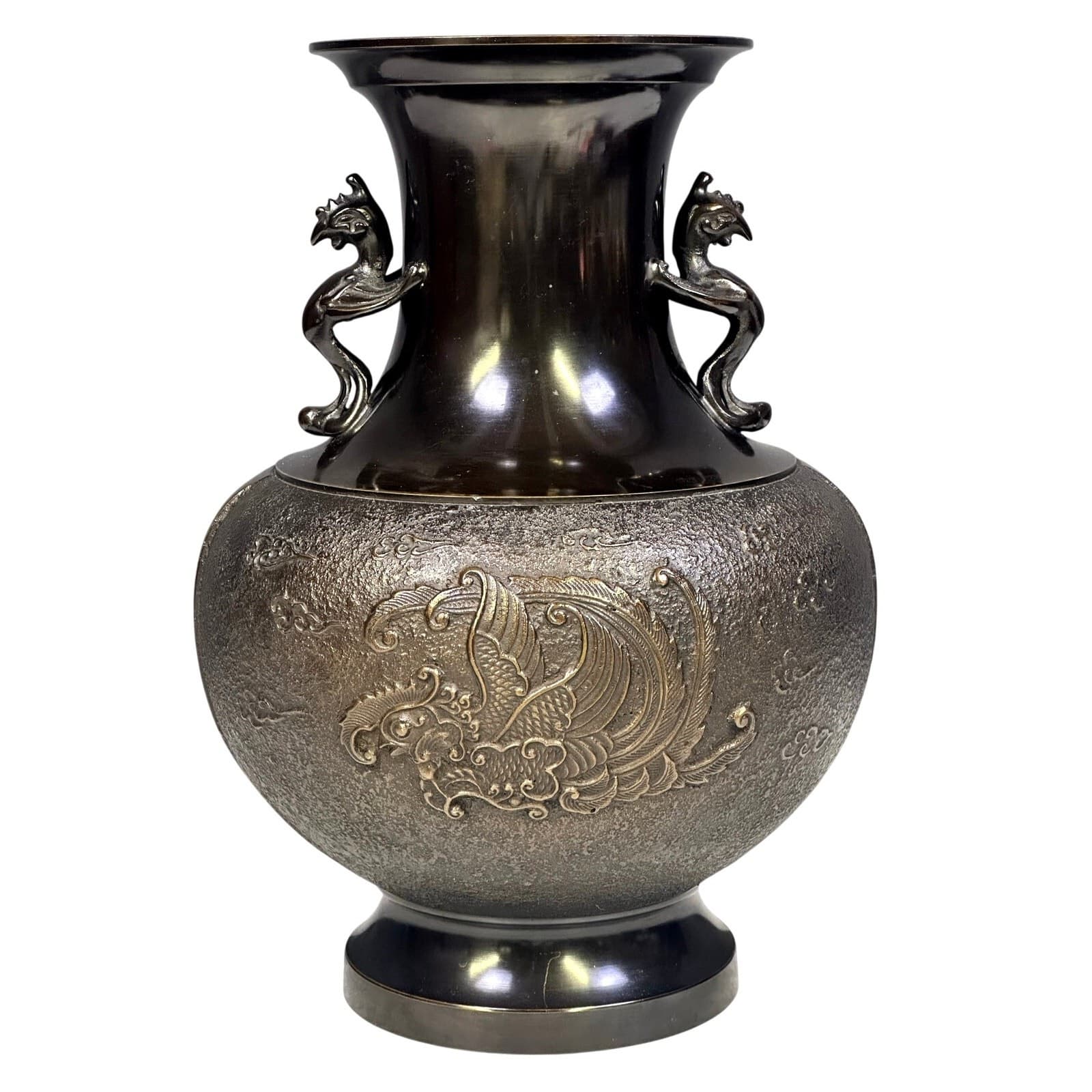 Stunning Bronze Japanese Double Handled Stylized Phoenix Bird 14.5" Urn/Vase - Thumbnail 6