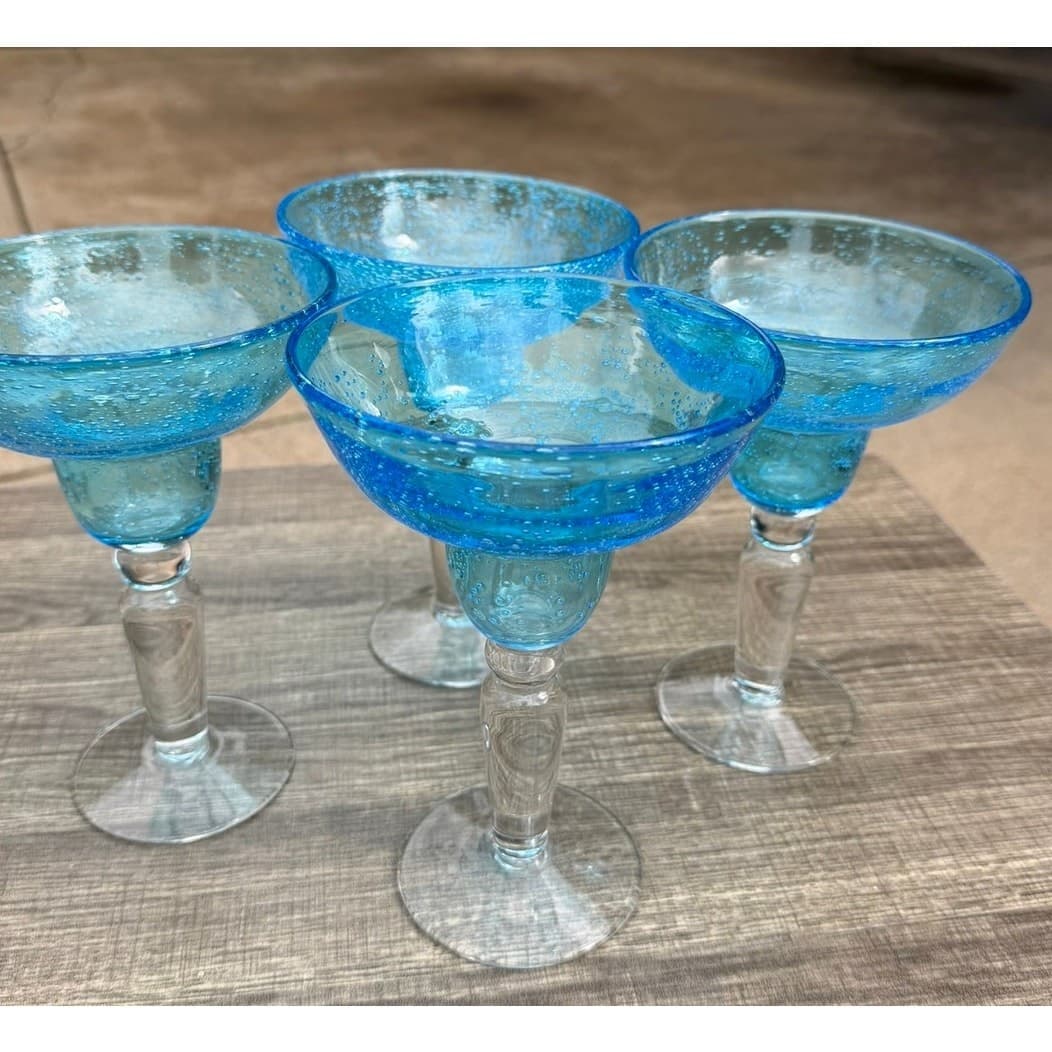 Hand Blown Aqua Blue Margarita Glasses Seeded Bubble Glass Clear Stem-Set of 4 - Thumbnail 3