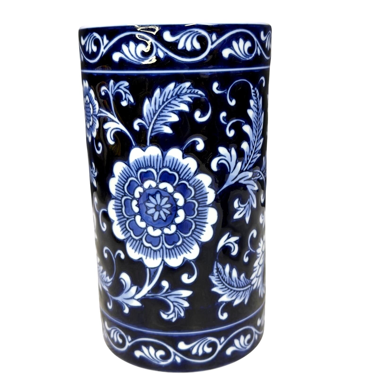 Pier 1 Mandarin Utensil Holder Crock Blue White Porcelain Kitchen Vase 6.25" - Thumbnail 3