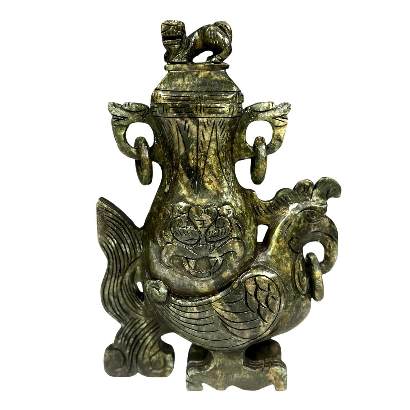 Spinach Jade Carved Mythical Beast Qing Dynasty Style Traditional Ritual Vessel
