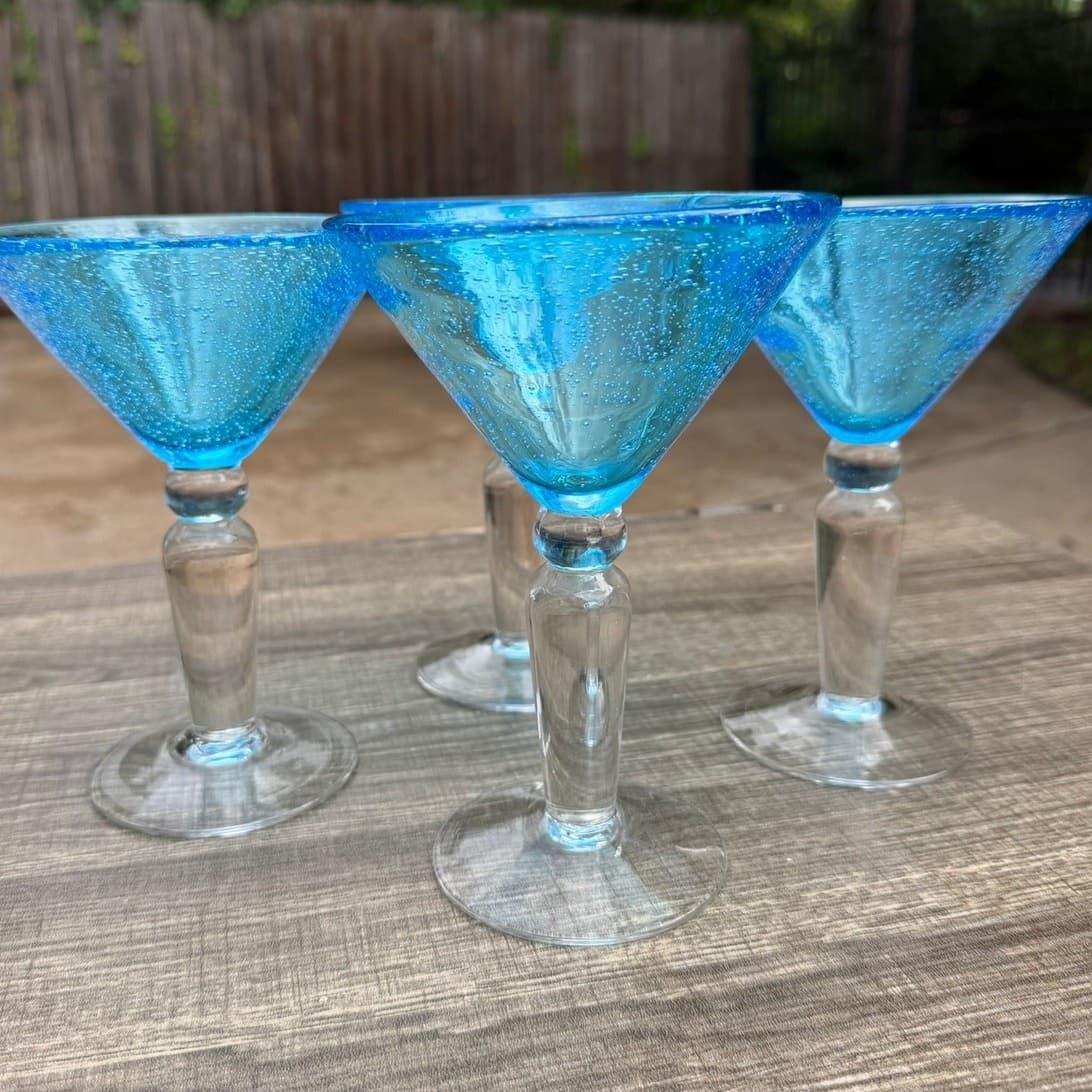 Hand Blown Aqua Blue Martini Glasses Seeded Bubble Glass Clear Stem-Set of 4 - Thumbnail 5