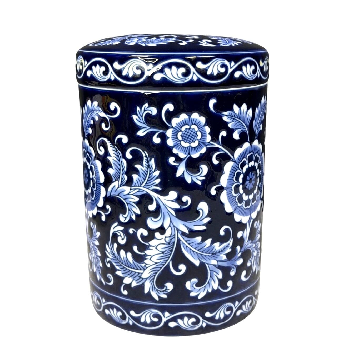 Pier 1 'Mandarin' Large Canister Airtight Lid Blue White Porcelain Kitchen 9.5” - Thumbnail 3