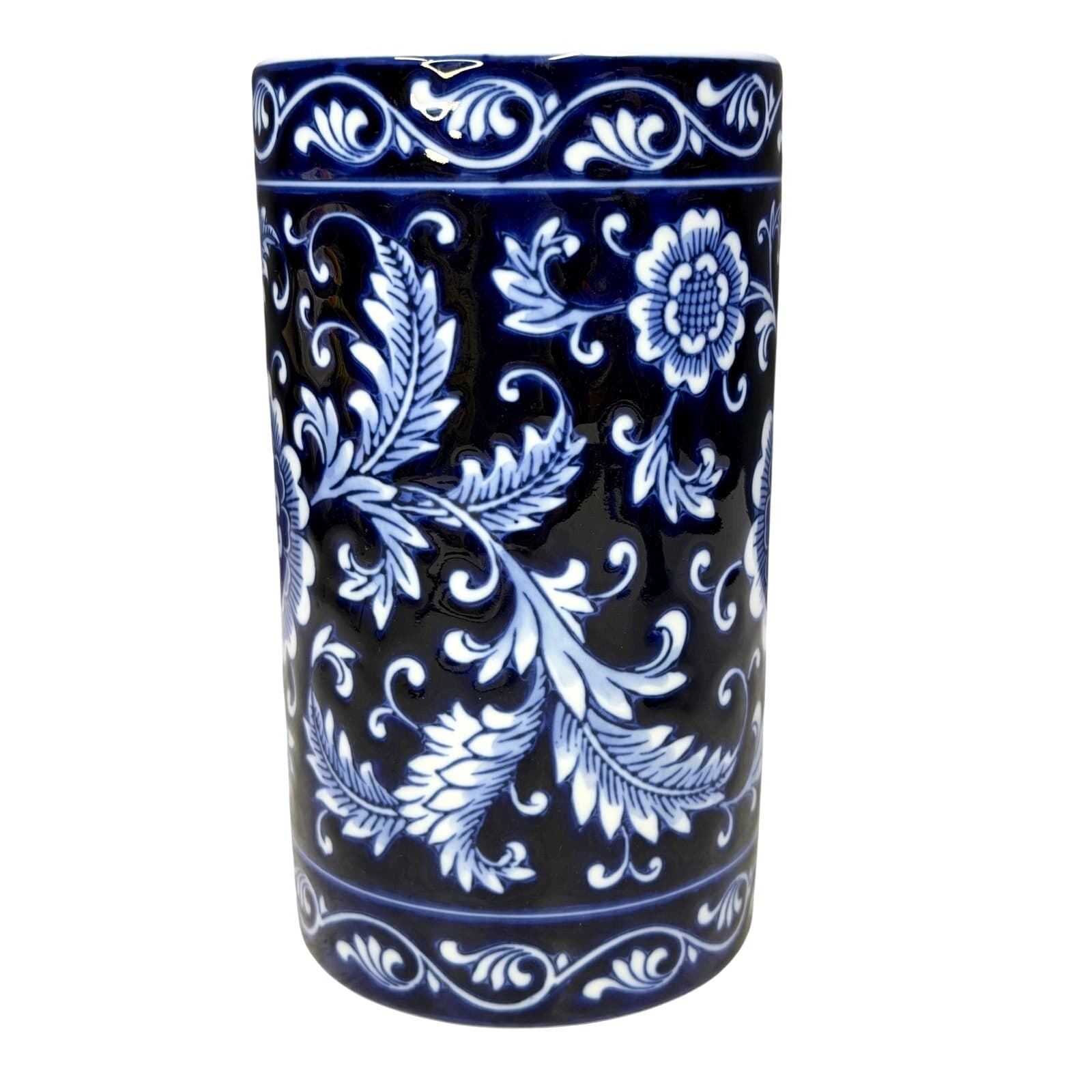 Pier 1 Mandarin Utensil Holder Crock Blue White Porcelain Kitchen Vase 6.25" - Thumbnail 2