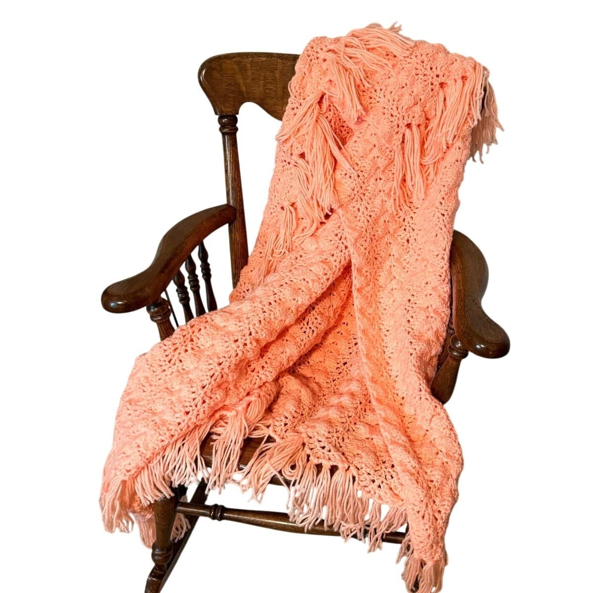 Hand Crocheted Vintage Soft Afghan Throw Blanket Peach Orange Fringe 54x49 Boho