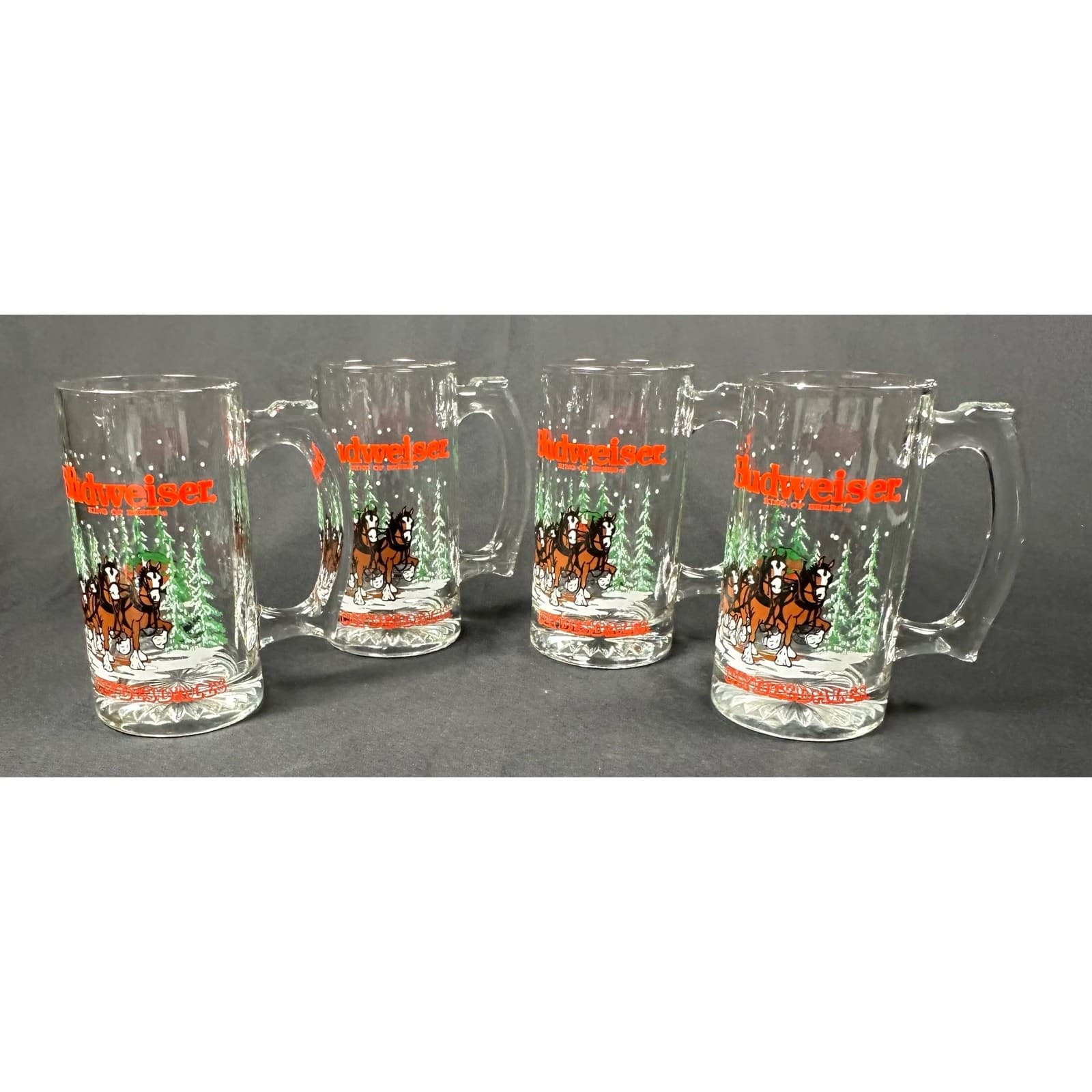 1989 Anheuser Busch Budweiser Clydesdale Christmas Beer Mugs Set of 4