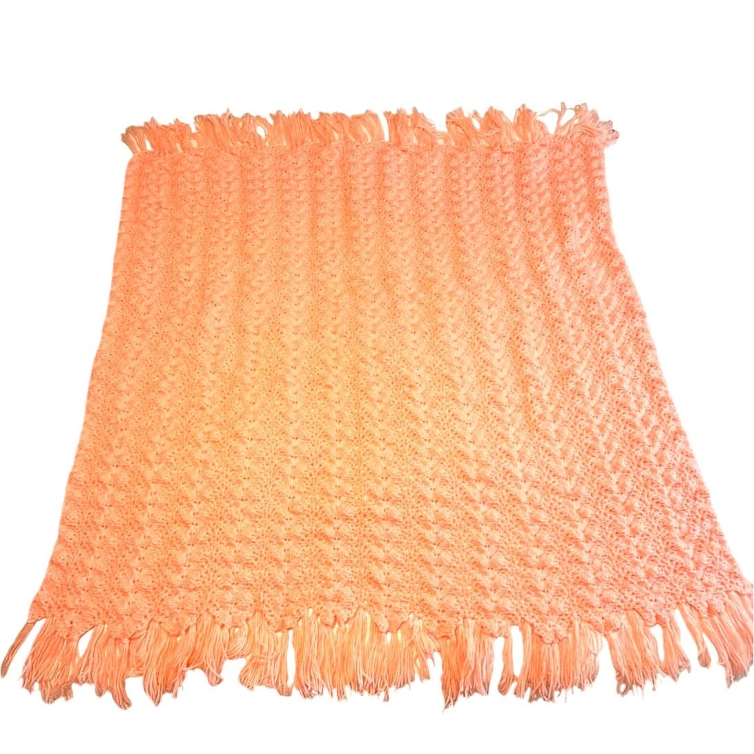 Hand Crocheted Vintage Soft Afghan Throw Blanket Peach Orange Fringe 54x49 Boho - Thumbnail 4