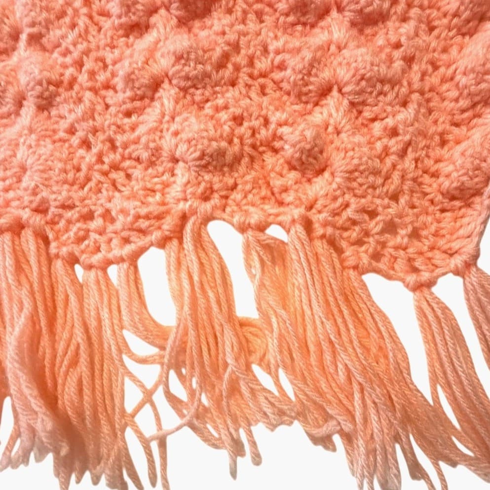 Hand Crocheted Vintage Soft Afghan Throw Blanket Peach Orange Fringe 54x49 Boho - Thumbnail 2