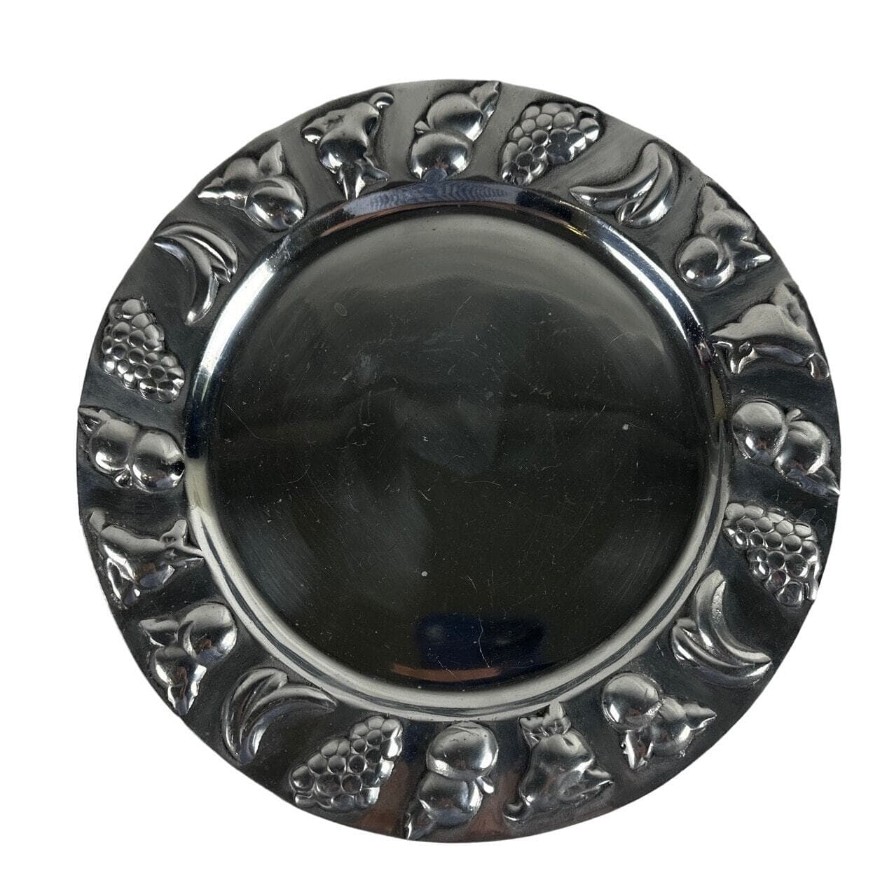 Large Aluminum Round Fruit Embossed Design Serving Platter-Nice!