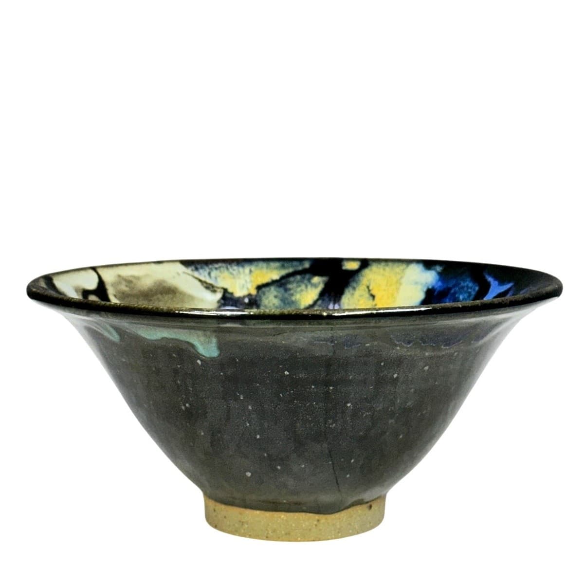 Studio Signed Hand Thrown Art Pottery 7" Bowl with Blue Green Gold Drip Glaze