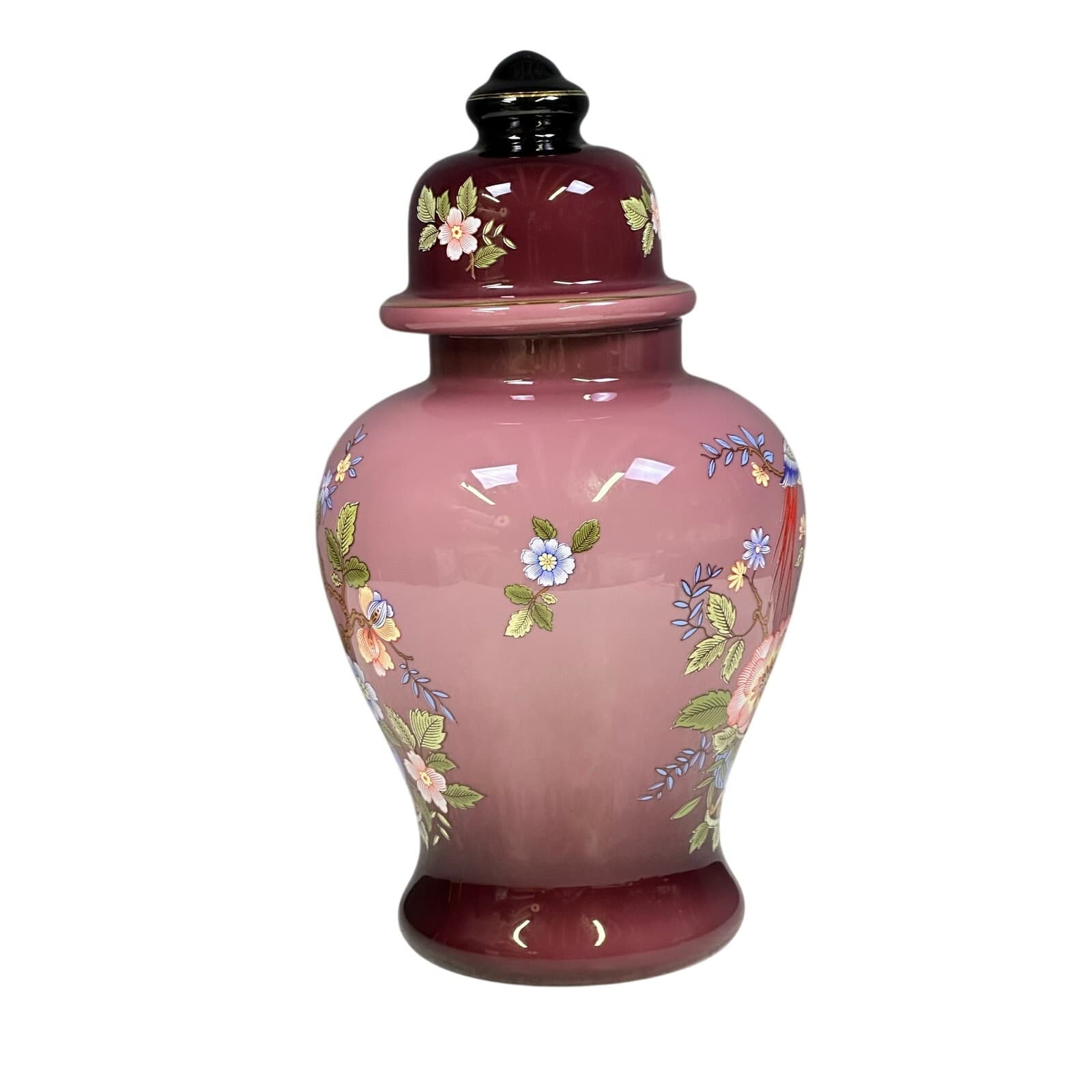 Ardalt Italy Lavender 16" Hand Painted Peacock Floral Glass Ginger Jar w/Lid - Thumbnail 4
