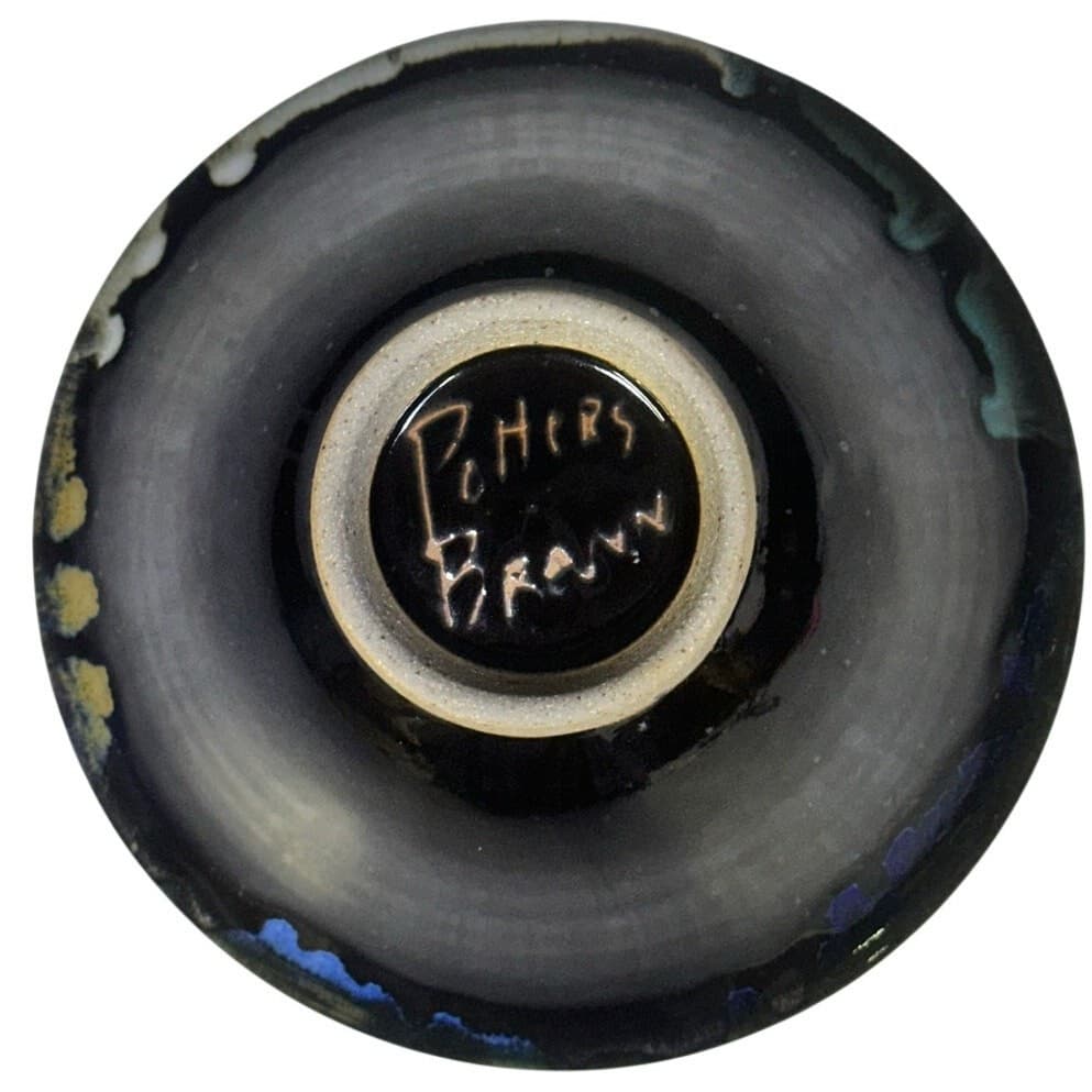 Studio Signed Hand Thrown Art Pottery 7" Bowl with Blue Green Gold Drip Glaze - Thumbnail 7