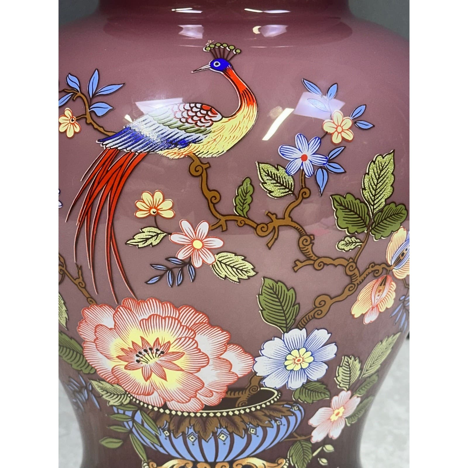 Ardalt Italy Lavender 16" Hand Painted Peacock Floral Glass Ginger Jar w/Lid - Thumbnail 5