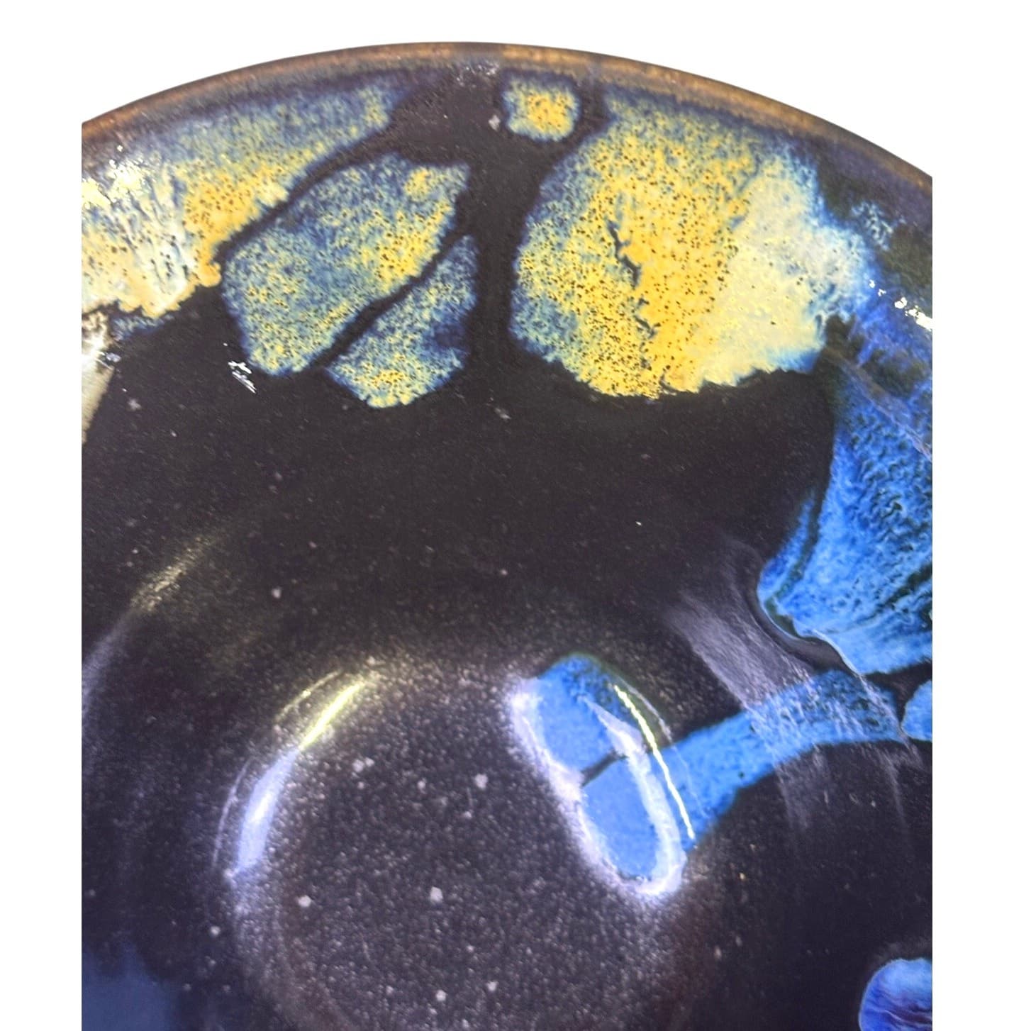 Studio Signed Hand Thrown Art Pottery 7" Bowl with Blue Green Gold Drip Glaze - Thumbnail 4