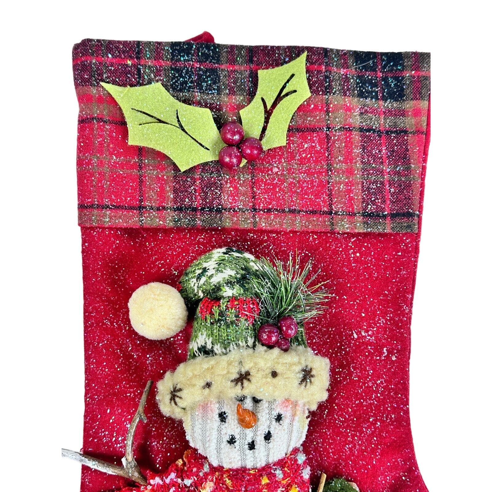 Rustic Plaid 3-Dimensional Vibrant Snowman Christmas Stocking-17” - Thumbnail 2