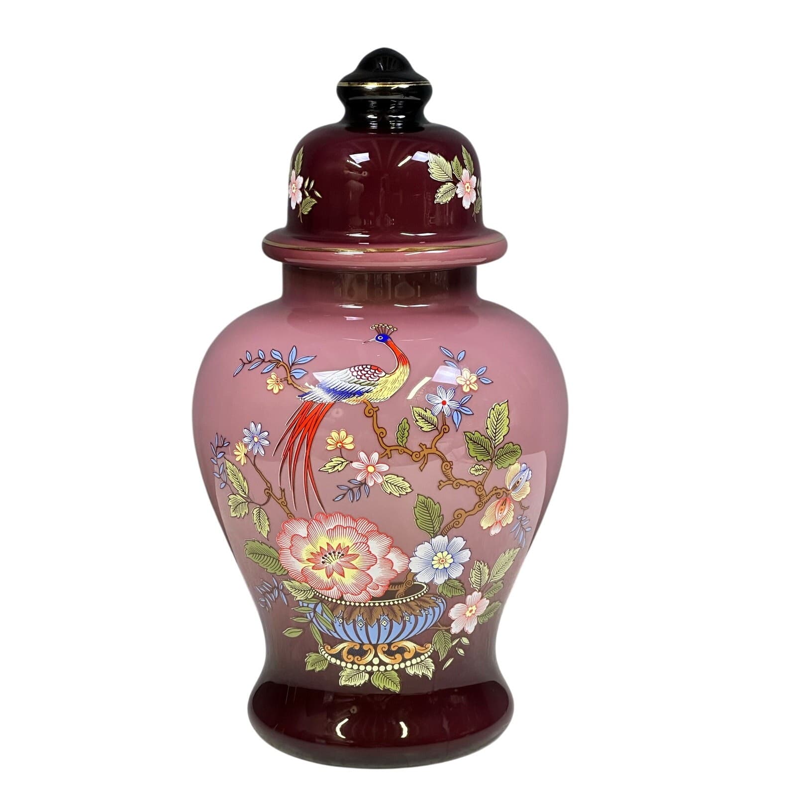 Ardalt Italy Lavender 16" Hand Painted Peacock Floral Glass Ginger Jar w/Lid - Thumbnail 3