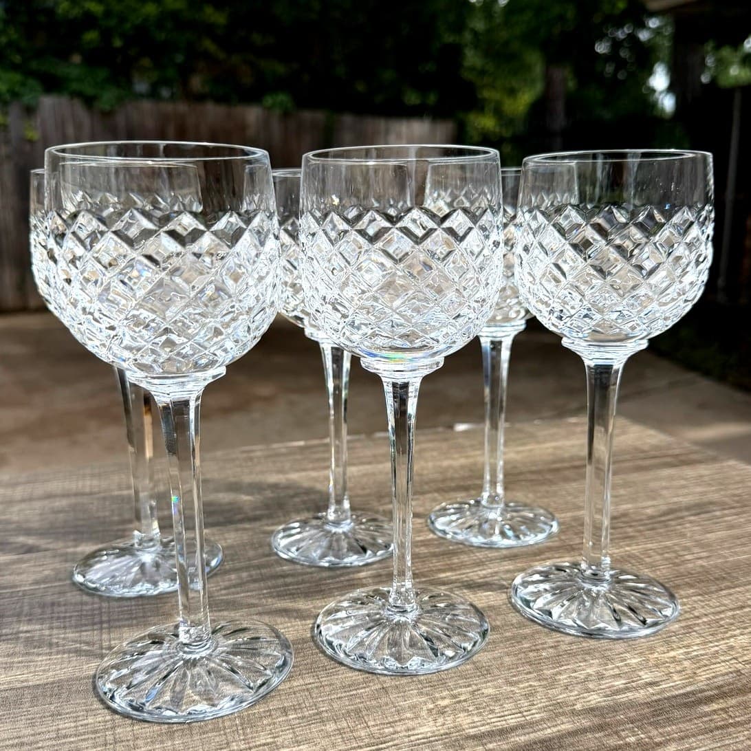 Crystal Vintage 7.25" Wine Hocks Diamond-Cut Pattern Faceted Stems-Set of 6 - Thumbnail 7