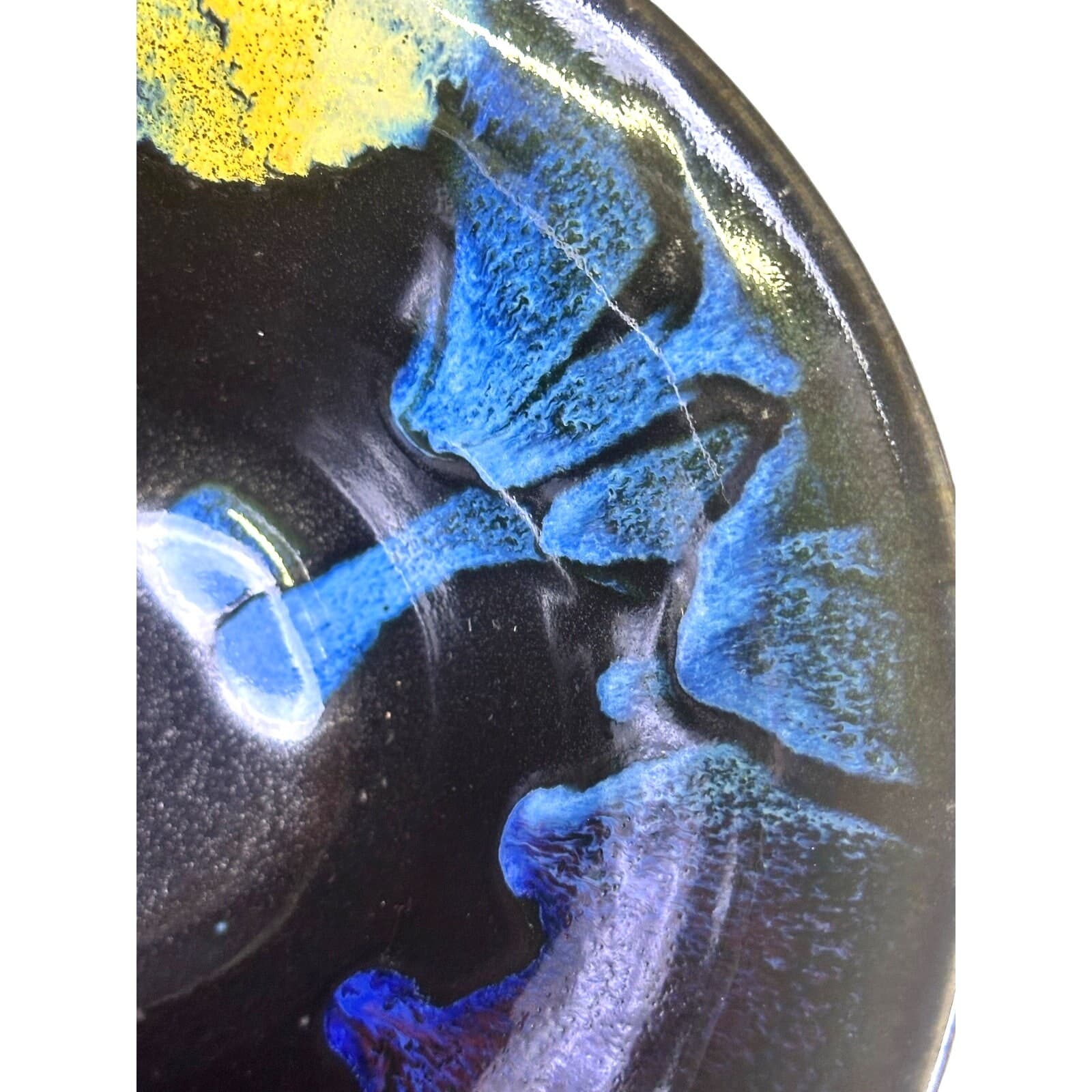 Studio Signed Hand Thrown Art Pottery 7" Bowl with Blue Green Gold Drip Glaze - Thumbnail 3